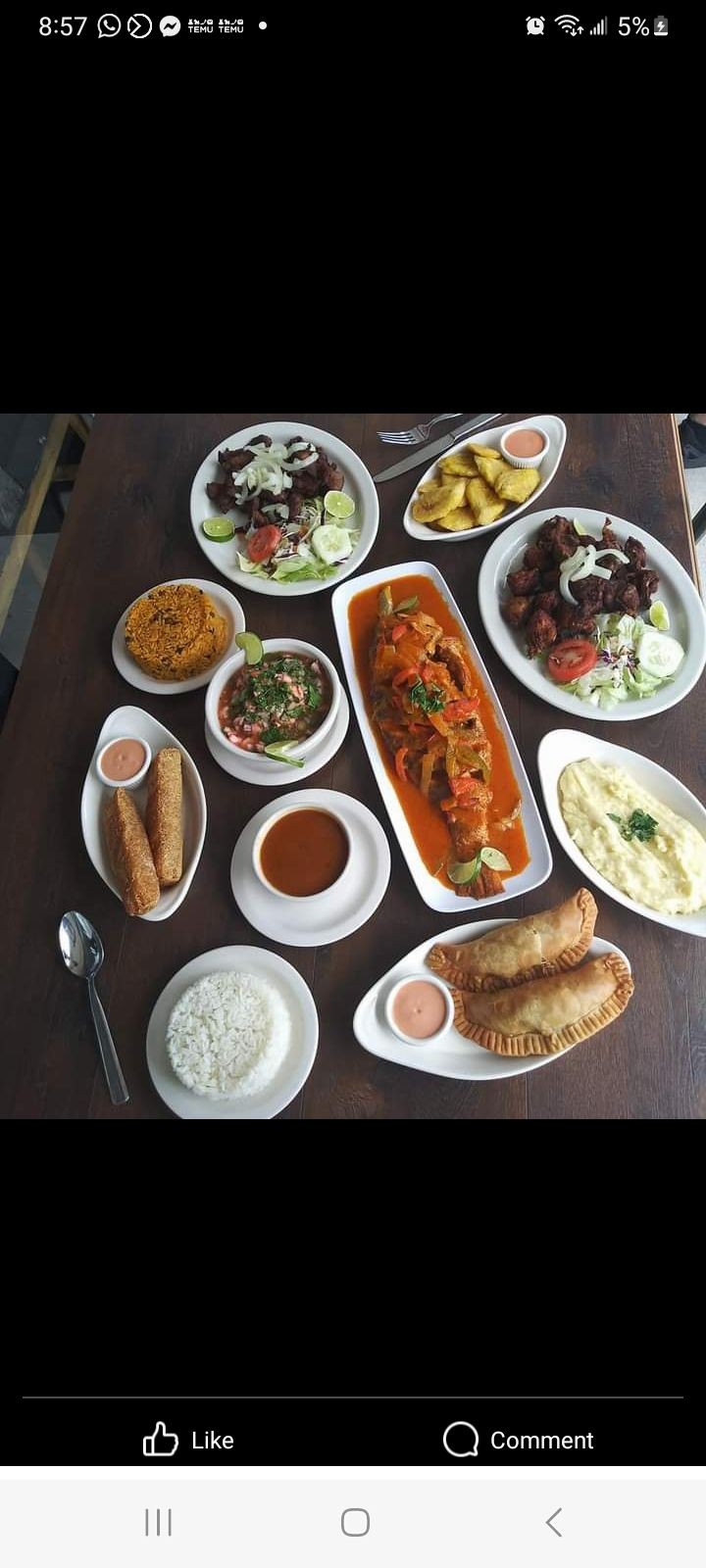 Assorted dishes including rice, meat, sauces, and empanadas on a table.